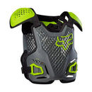 Jofa Fox R3 gris/amarillo vista frontal, protector de pecho ventilado con hombreras amarillas y certificación CE